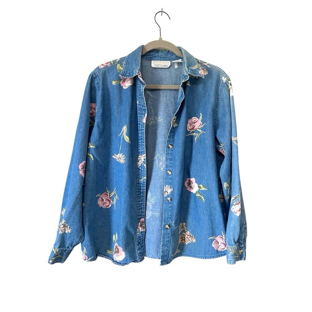 Vintage Casey & Max Floral Denim Shirt 100% Cotton Cottagecore Romantic Floral L